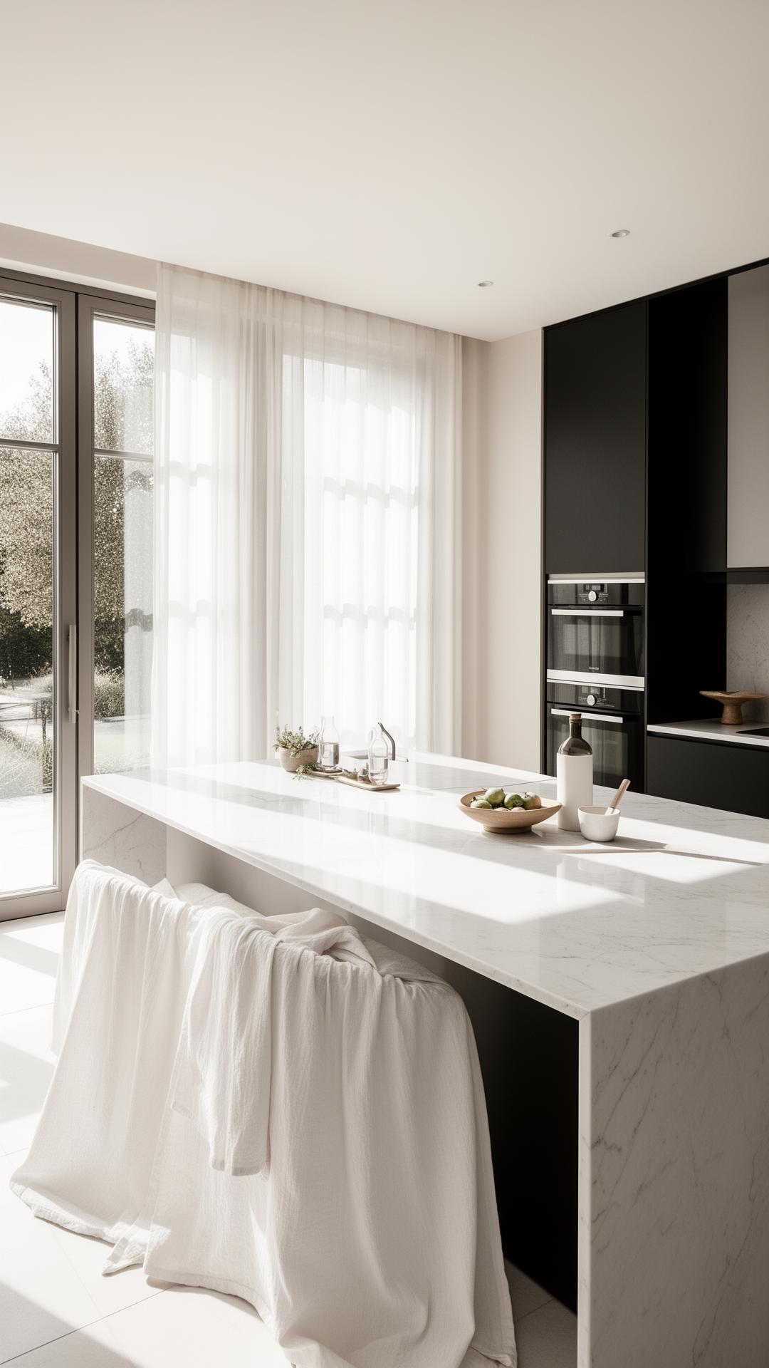 Bright luxury kitchen with polished marble counters
